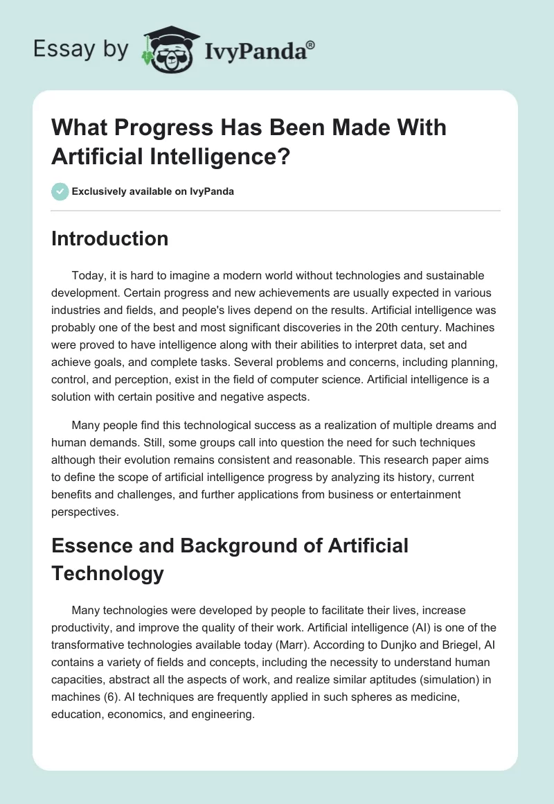 What Progress Has Been Made With Artificial Intelligence?. Page 1