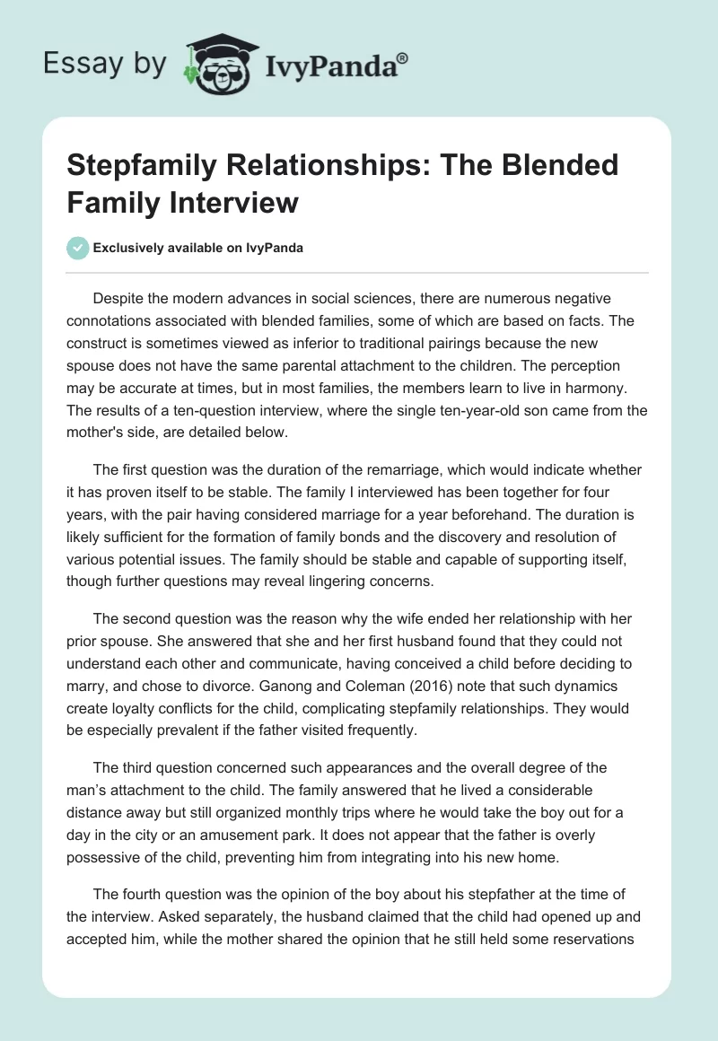 Stepfamily Relationships: The Blended Family Interview. Page 1