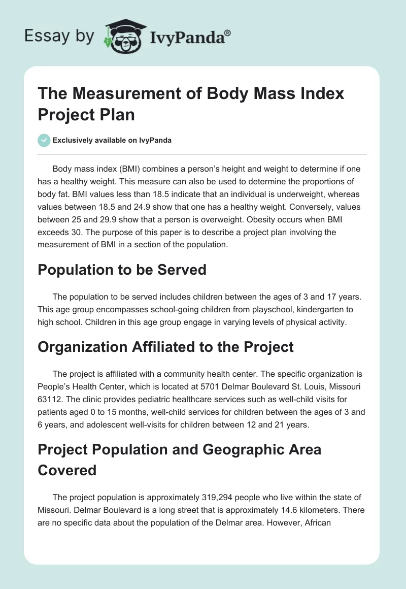 The Measurement of Body Mass Index Project Plan. Page 1