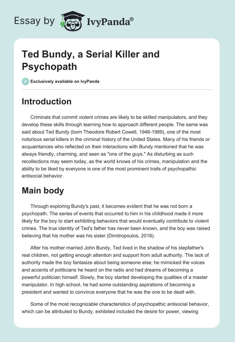Ted Bundy, a Serial Killer and Psychopath. Page 1