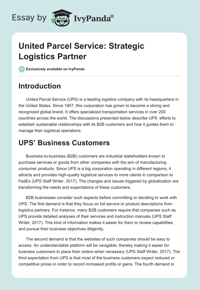 United Parcel Service: Strategic Logistics Partner. Page 1