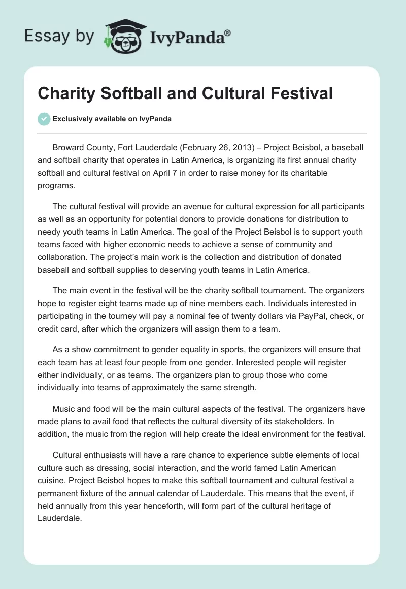 Charity Softball and Cultural Festival. Page 1