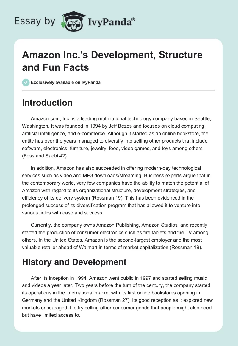 Amazon Inc.'s Development, Structure and Fun Facts. Page 1