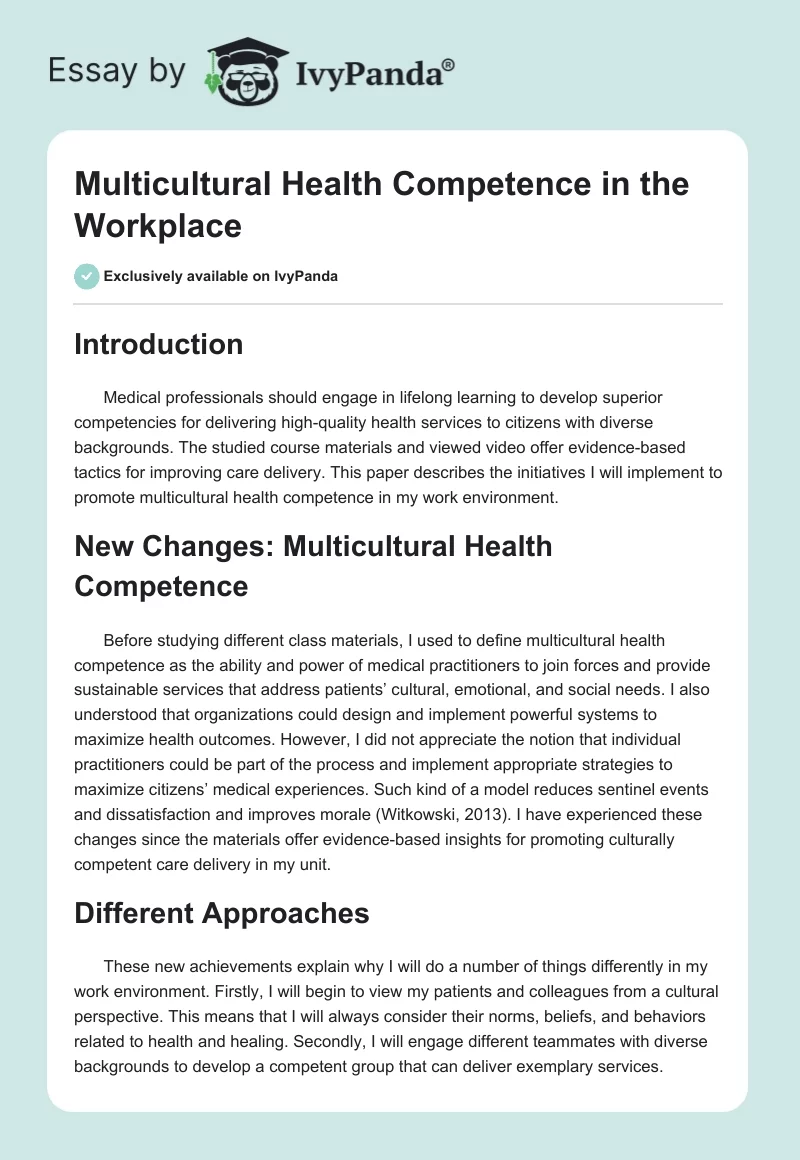 Multicultural Health Competence in the Workplace. Page 1