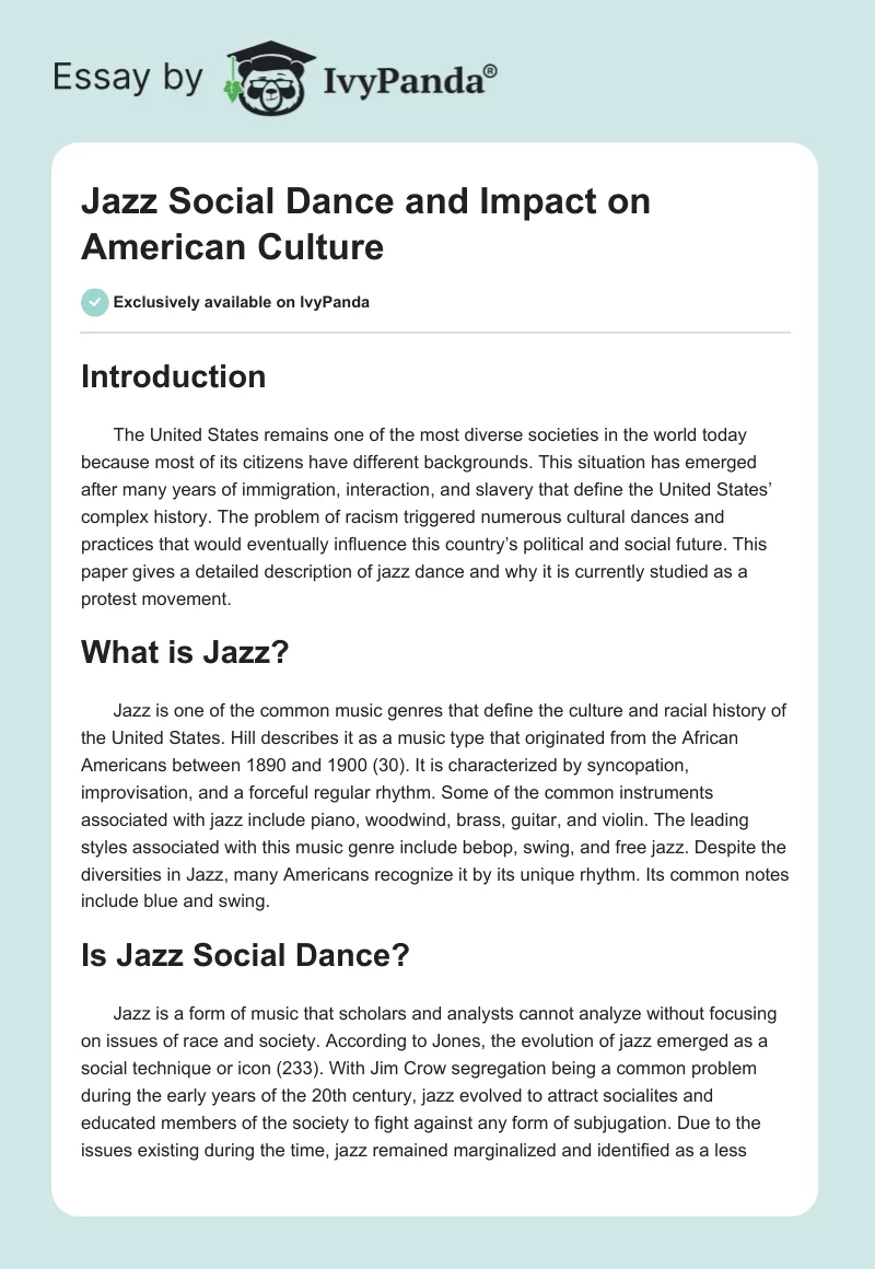 Jazz Social Dance and Impact on American Culture. Page 1