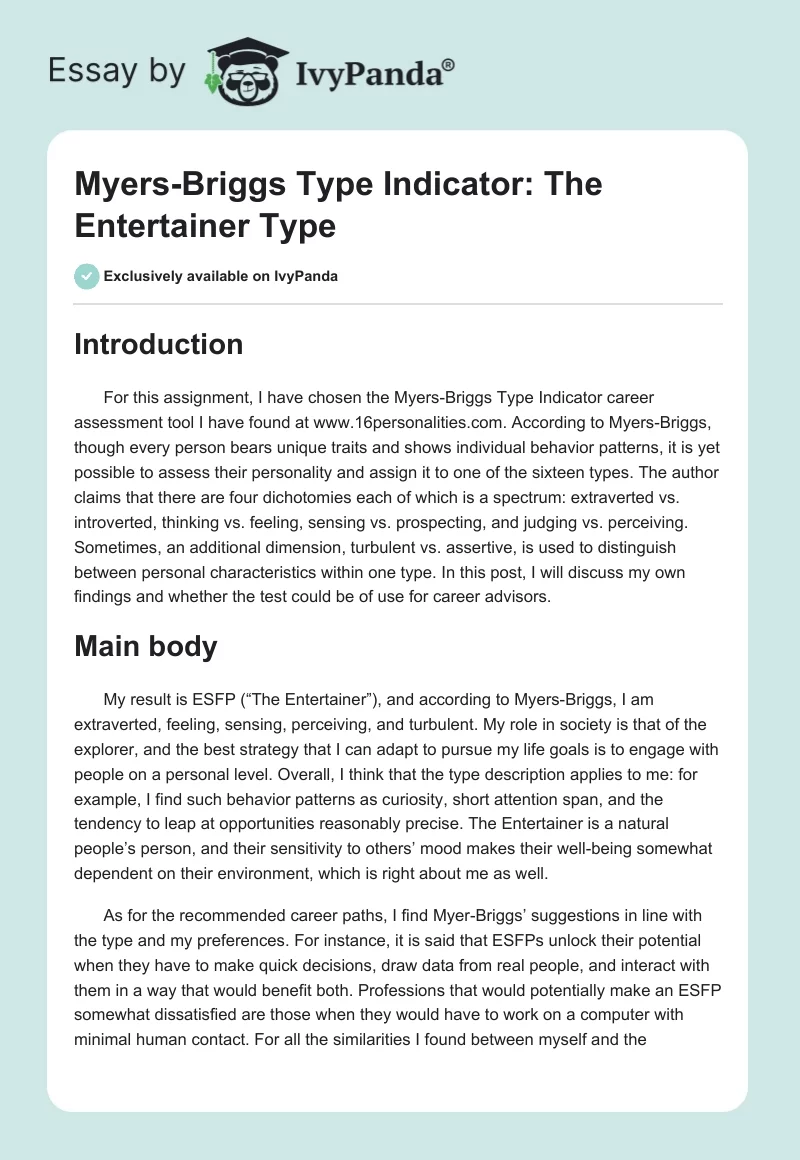 Myers-Briggs Type Indicator: The Entertainer Type. Page 1