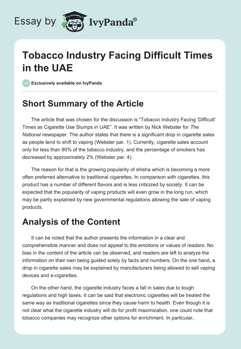 Tobacco Industry Facing Difficult Times in the UAE. Page 1