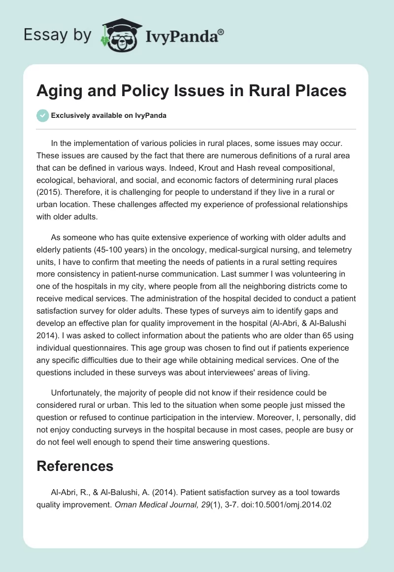 Aging and Policy Issues in Rural Places. Page 1