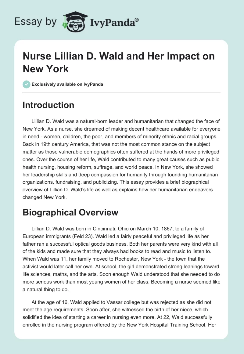 Nurse Lillian D. Wald and Her Impact on New York. Page 1