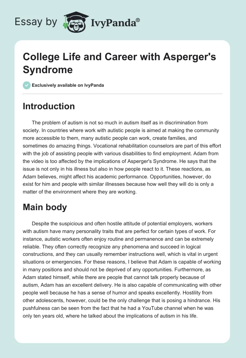 College Life and Career With Asperger's Syndrome. Page 1