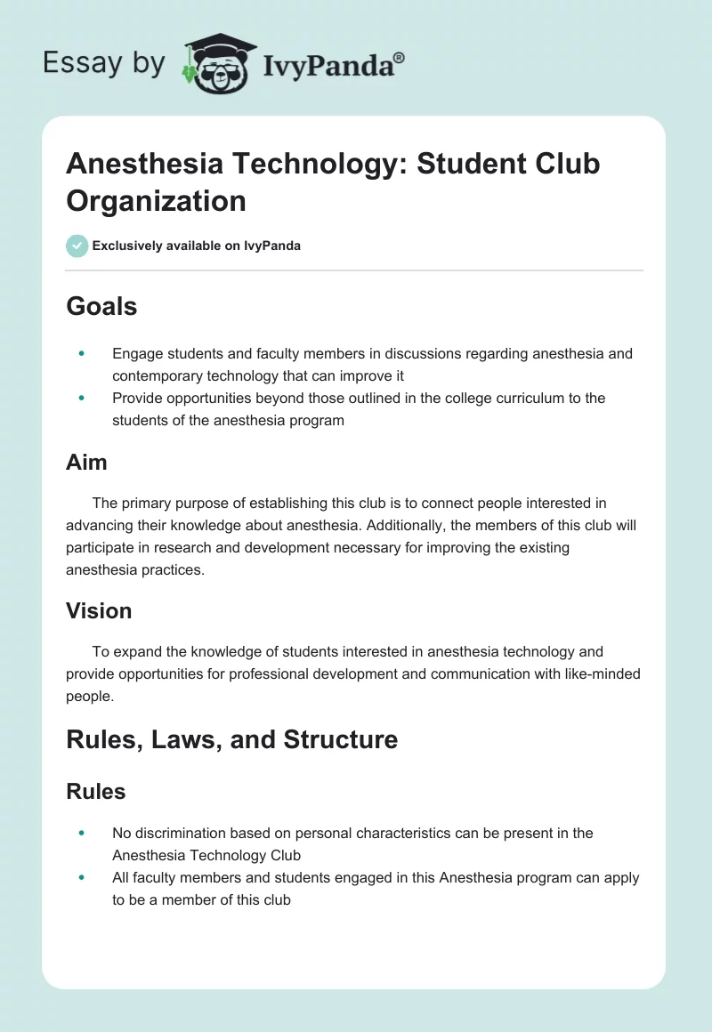 Anesthesia Technology: Student Club Organization. Page 1