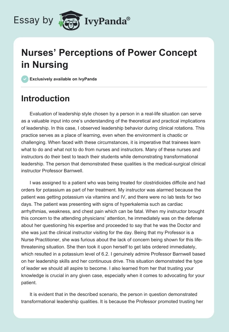 Nurses’ Perceptions of Power Concept in Nursing. Page 1