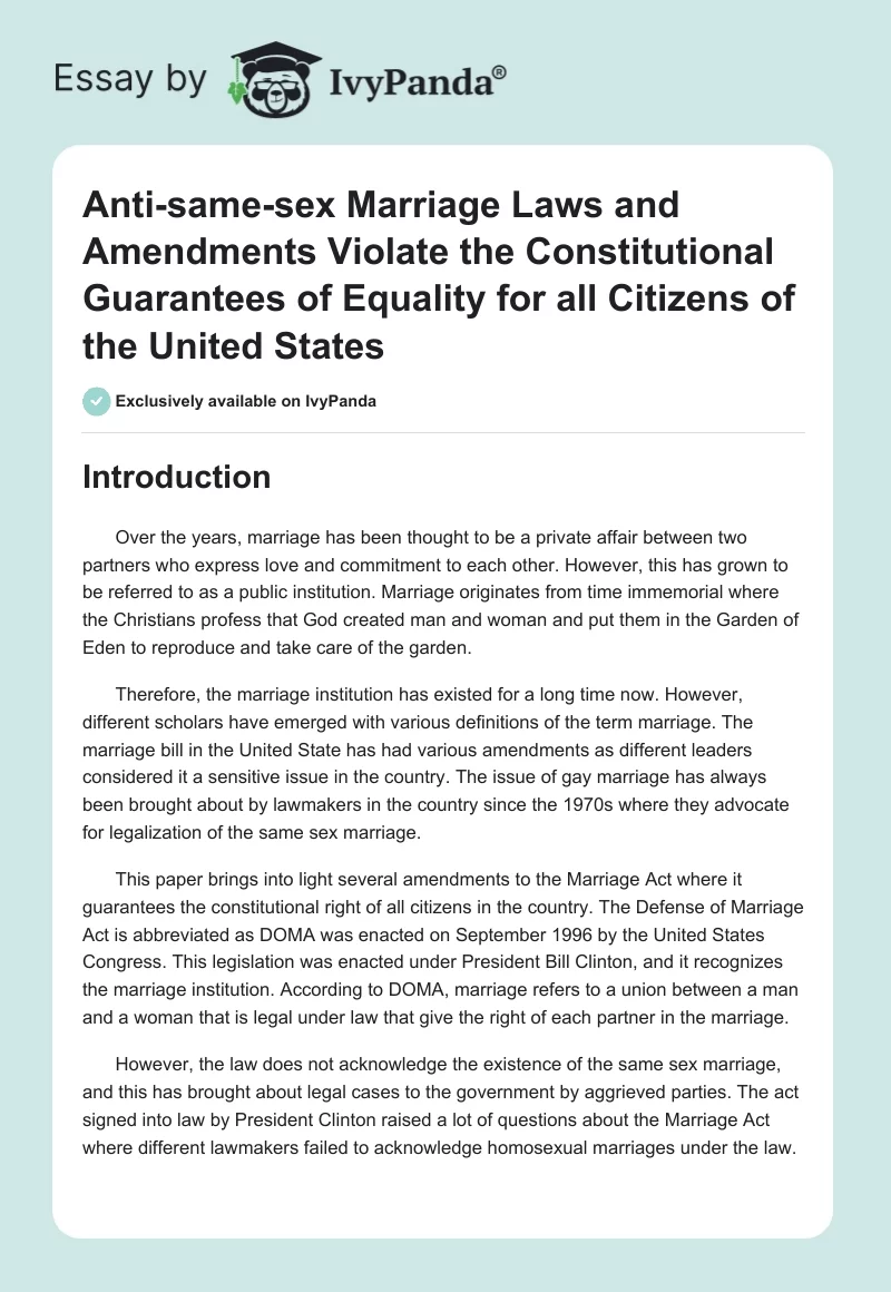 Anti-same-sex Marriage Laws and Amendments Violate the Constitutional Guarantees of Equality for all Citizens of the United States. Page 1