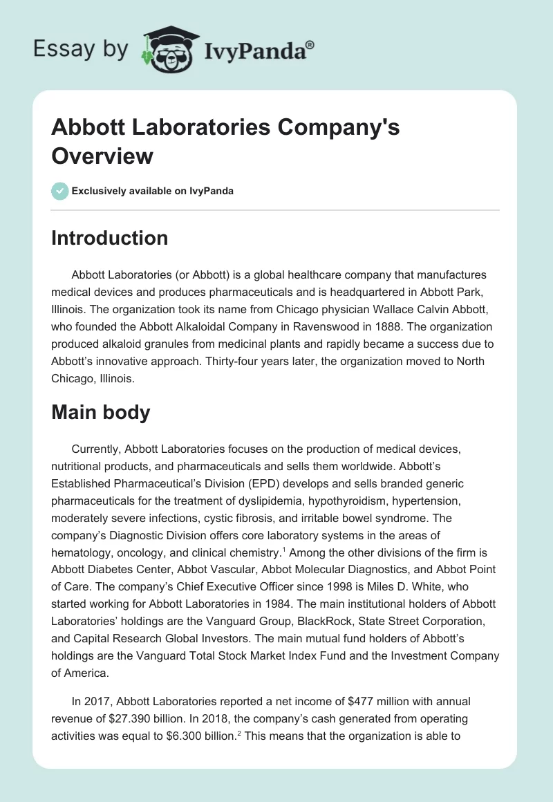 Abbott Laboratories Company's Overview. Page 1