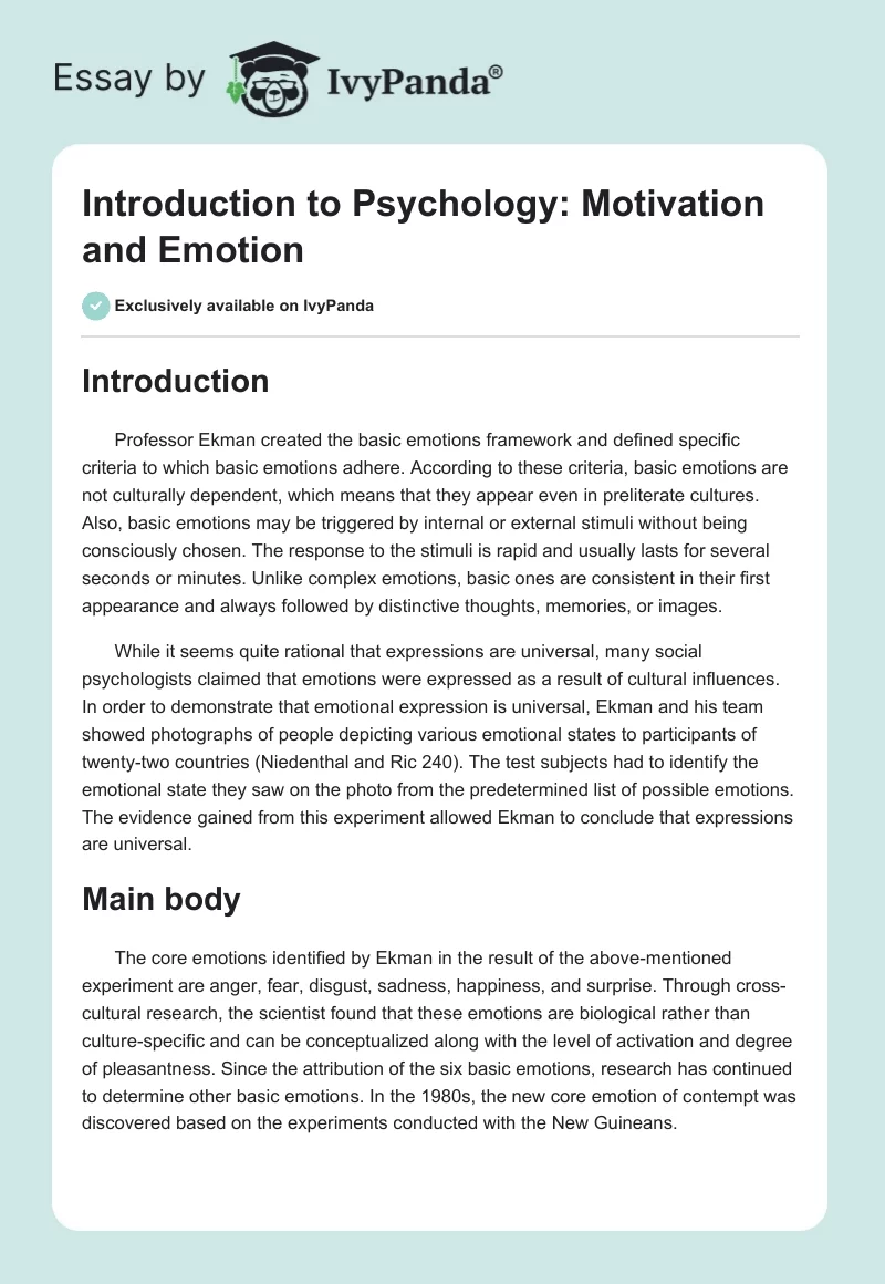 Introduction to Psychology: Motivation and Emotion. Page 1