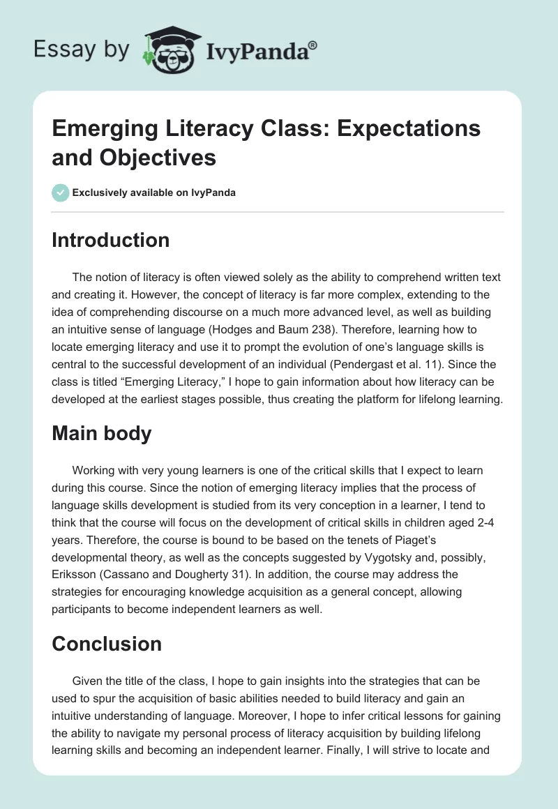 Emerging Literacy Class: Expectations and Objectives. Page 1