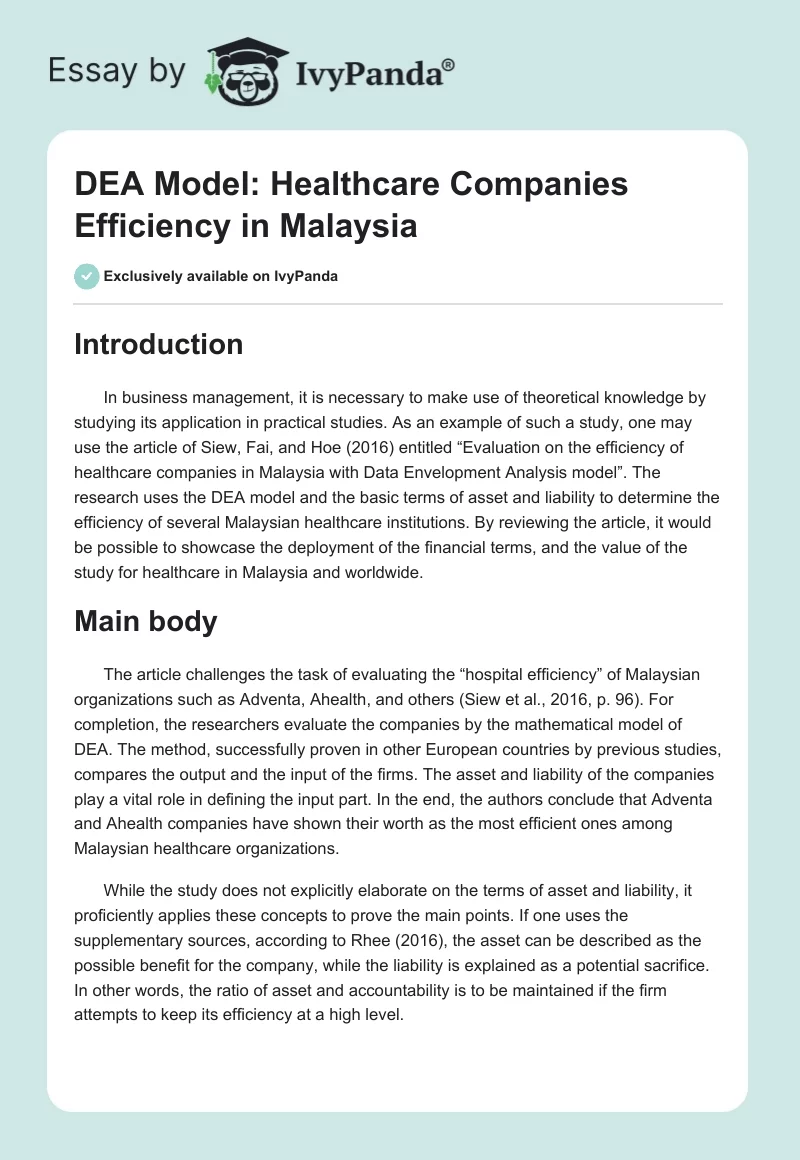 DEA Model: Healthcare Companies Efficiency in Malaysia. Page 1