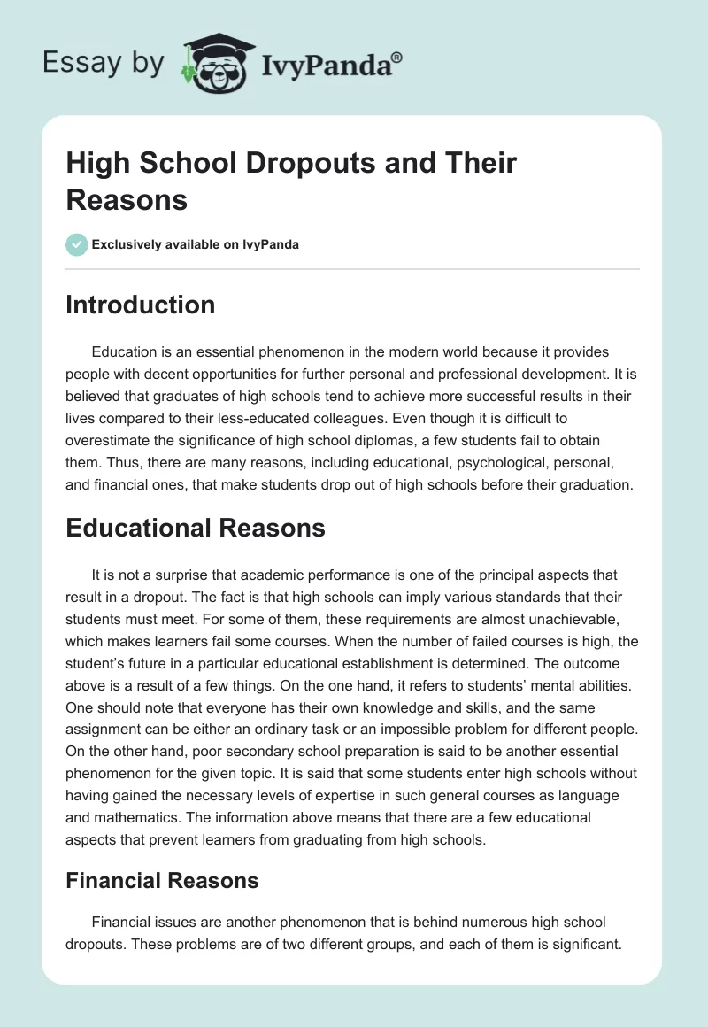 High School Dropouts and Their Reasons. Page 1