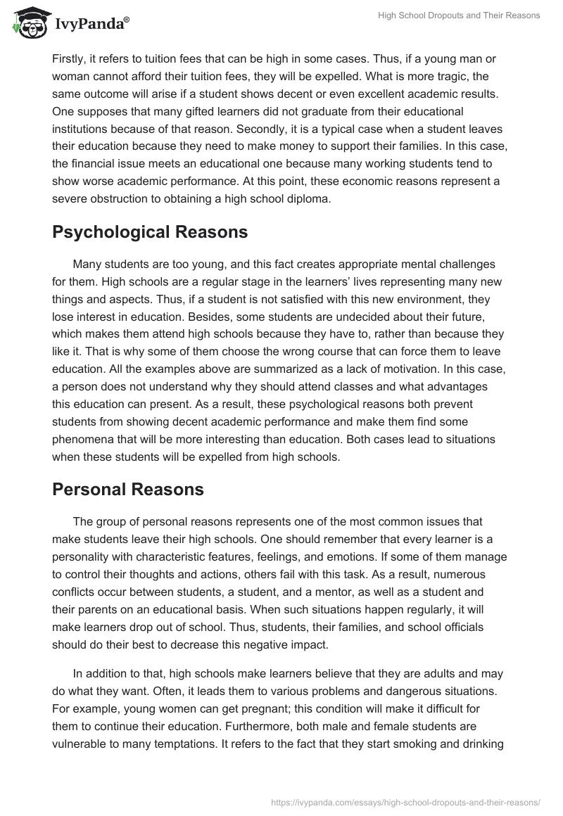 High School Dropouts and Their Reasons. Page 2