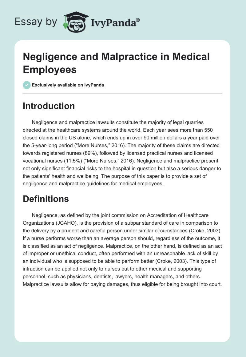 Negligence and Malpractice in Medical Employees. Page 1