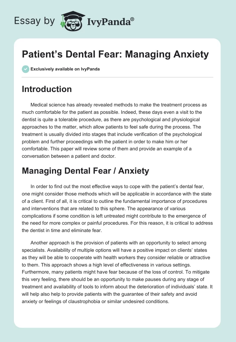 Patient’s Dental Fear: Managing Anxiety. Page 1
