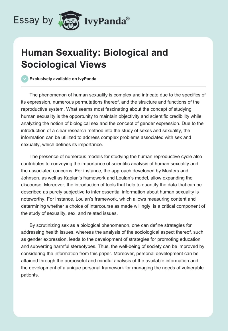 Human Sexuality: Biological and Sociological Views. Page 1