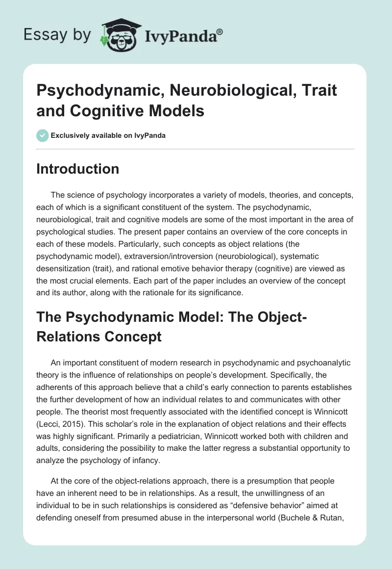 Psychodynamic, Neurobiological, Trait and Cognitive Models. Page 1