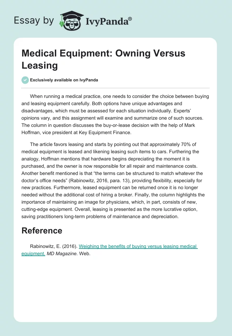 Medical Equipment: Owning Versus Leasing. Page 1