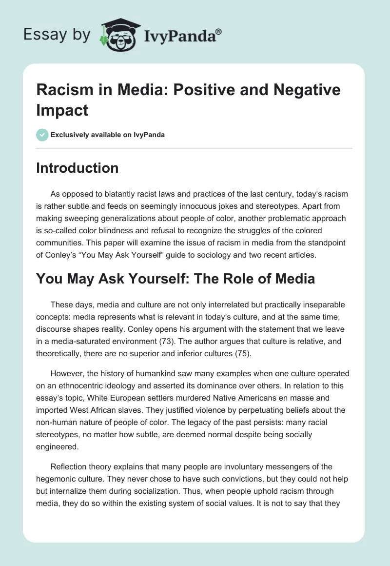 Racism in Media: Positive and Negative Impact. Page 1