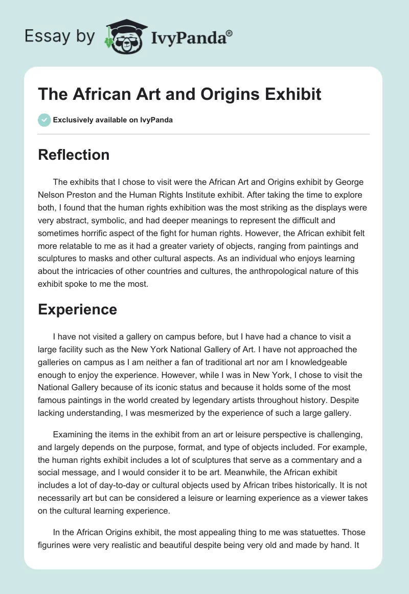 The African Art and Origins Exhibit. Page 1