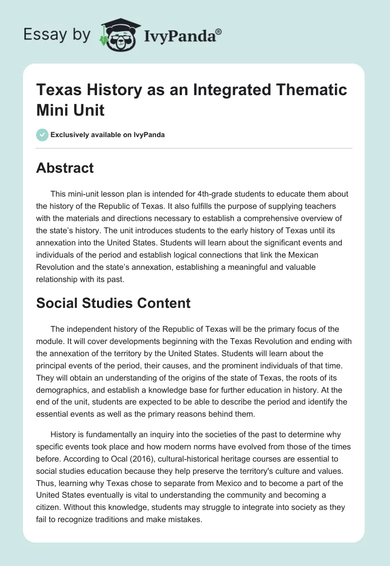 Texas History as an Integrated Thematic Mini Unit. Page 1
