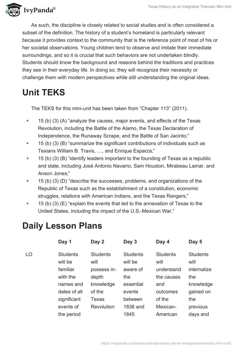 Texas History as an Integrated Thematic Mini Unit. Page 2