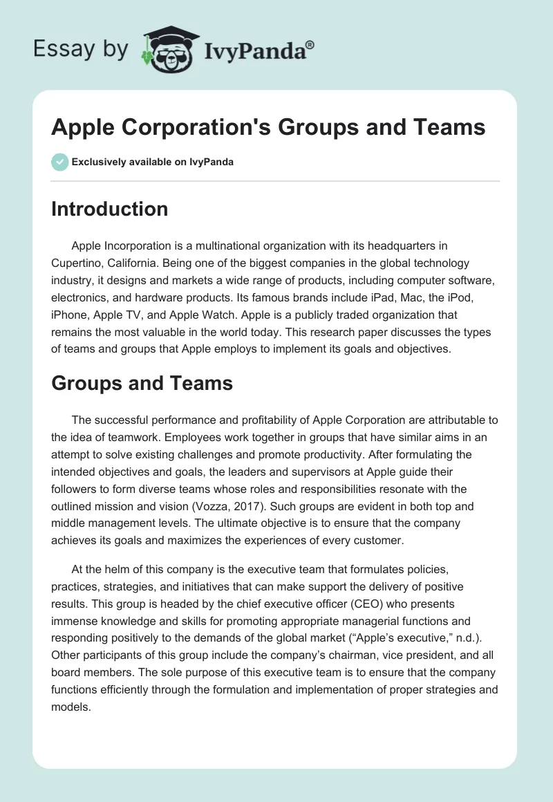 Apple Corporation's Groups and Teams. Page 1