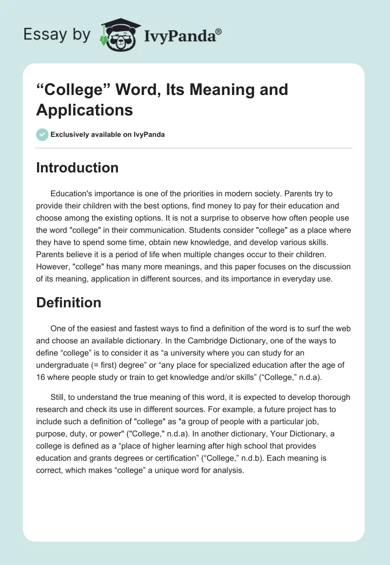 “College” Word, Its Meaning and Applications. Page 1