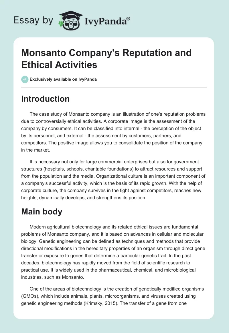 Monsanto Company's Reputation and Ethical Activities. Page 1