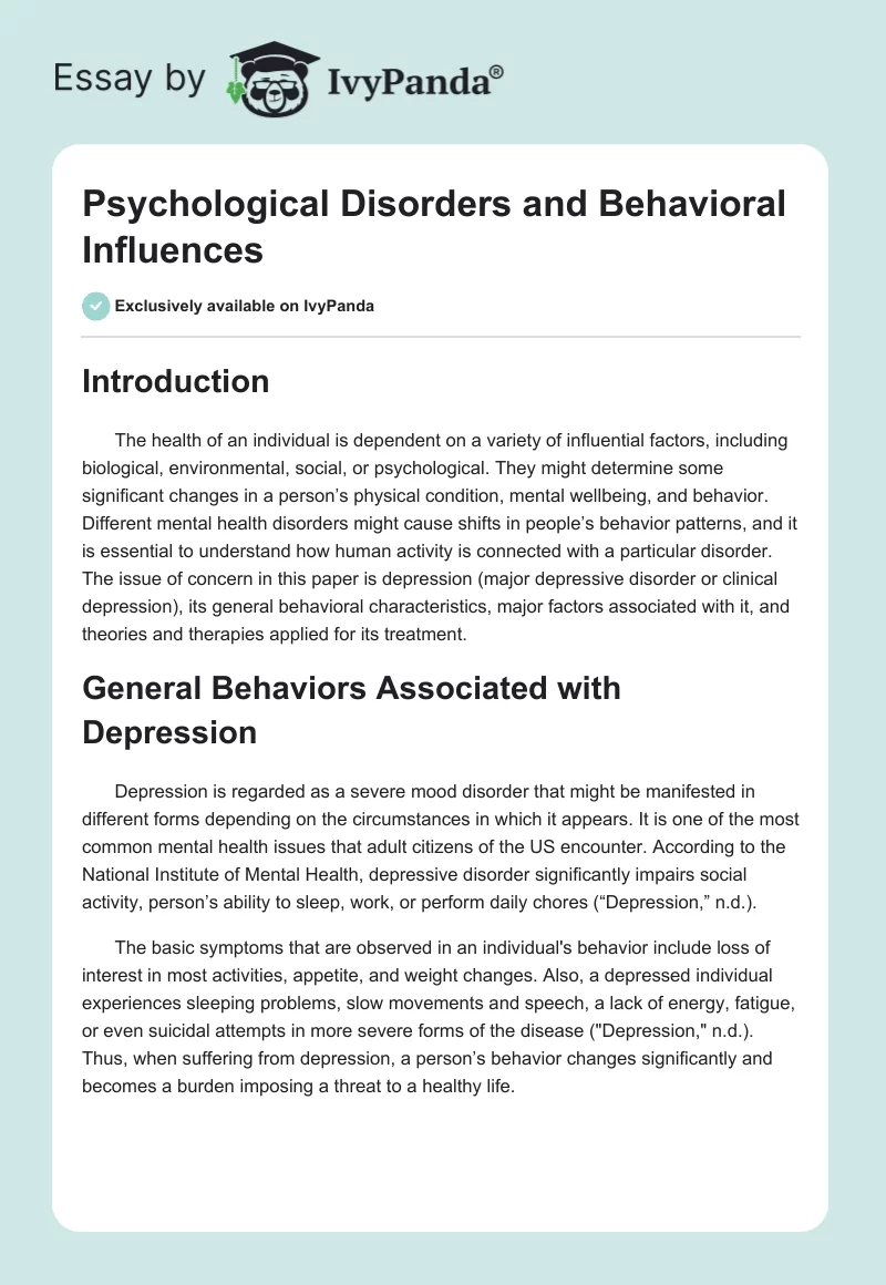 Psychological Disorders and Behavioral Influences. Page 1