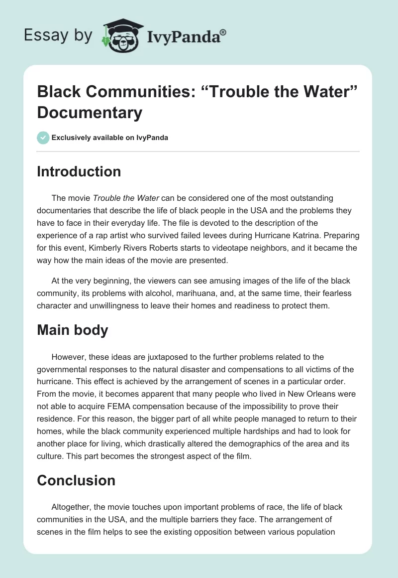 Black Communities: “Trouble the Water” Documentary. Page 1