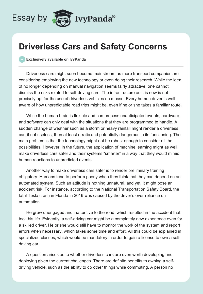 Driverless Cars and Safety Concerns. Page 1