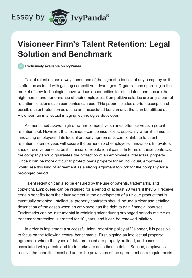 Visioneer Firm's Talent Retention: Legal Solution and Benchmark. Page 1