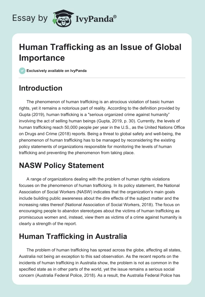 Human Trafficking as an Issue of Global Importance. Page 1