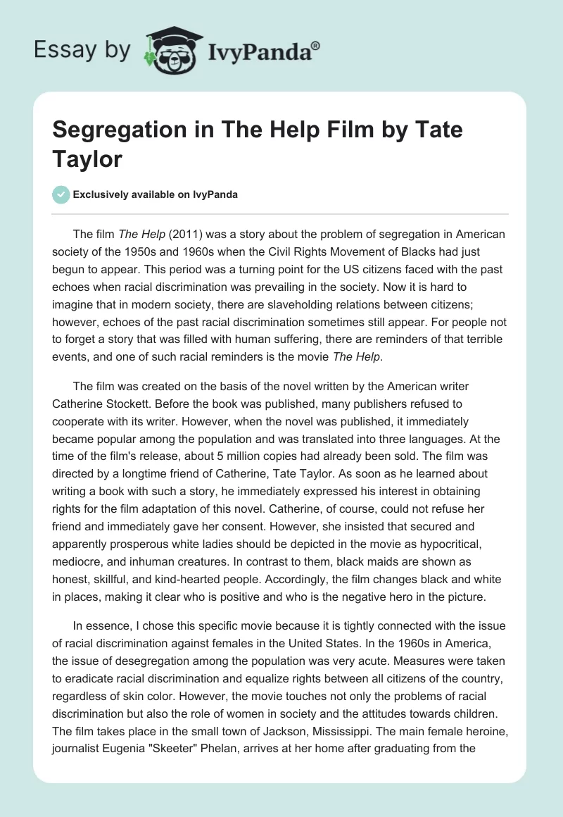 Segregation in "The Help" Film by Tate Taylor. Page 1