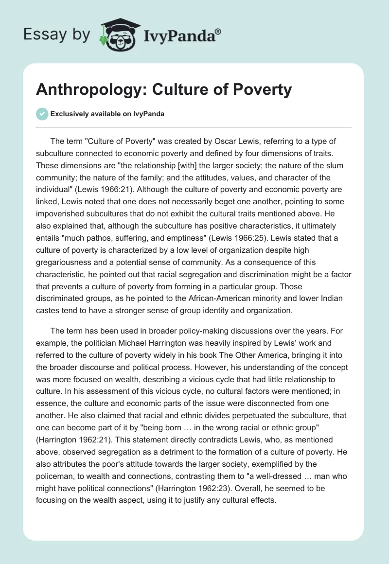 Anthropology: Culture of Poverty. Page 1