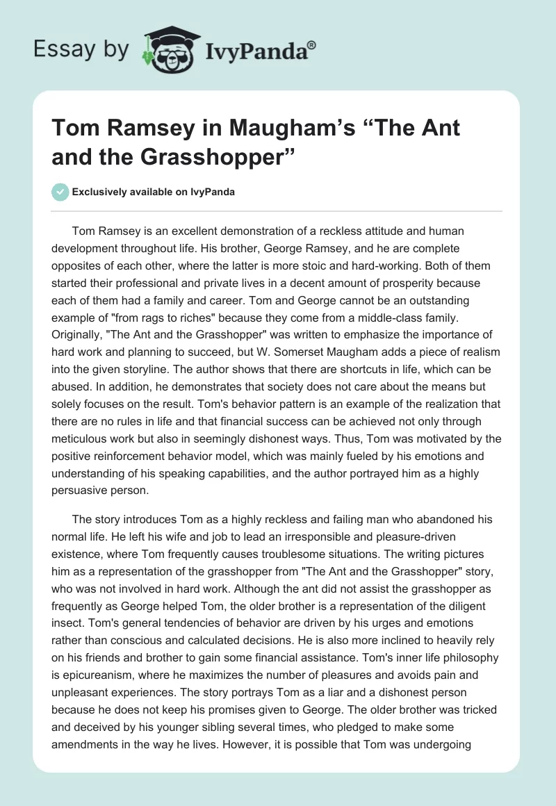 Tom Ramsey in Maugham’s “The Ant and the Grasshopper”. Page 1