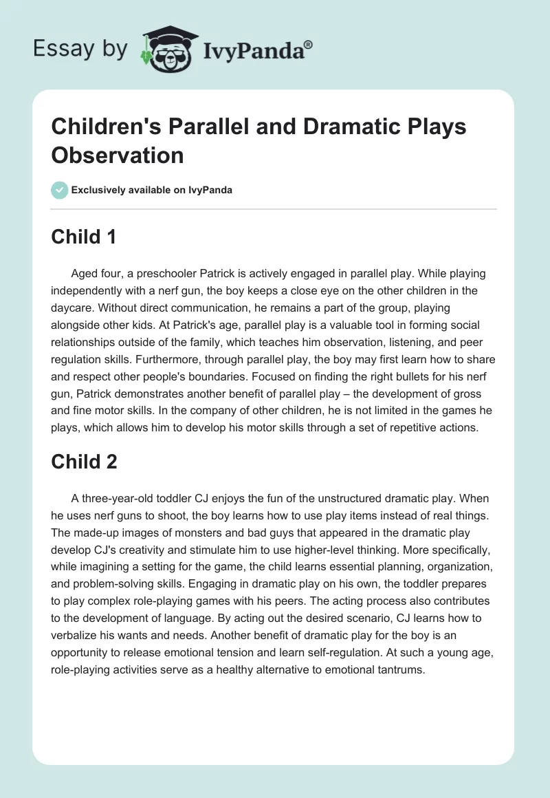 Children's Parallel and Dramatic Plays Observation. Page 1