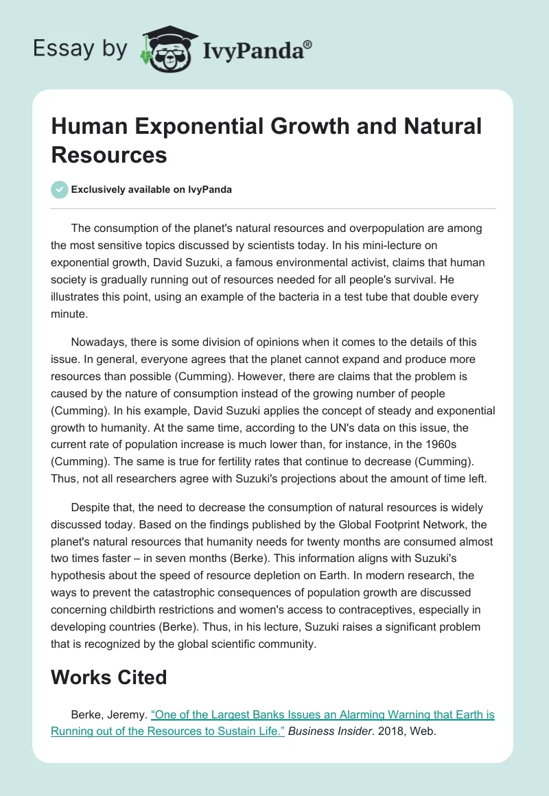 Human Exponential Growth and Natural Resources. Page 1