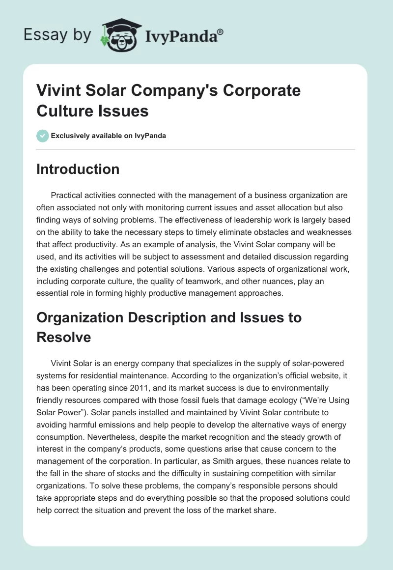 Vivint Solar Company's Corporate Culture Issues. Page 1