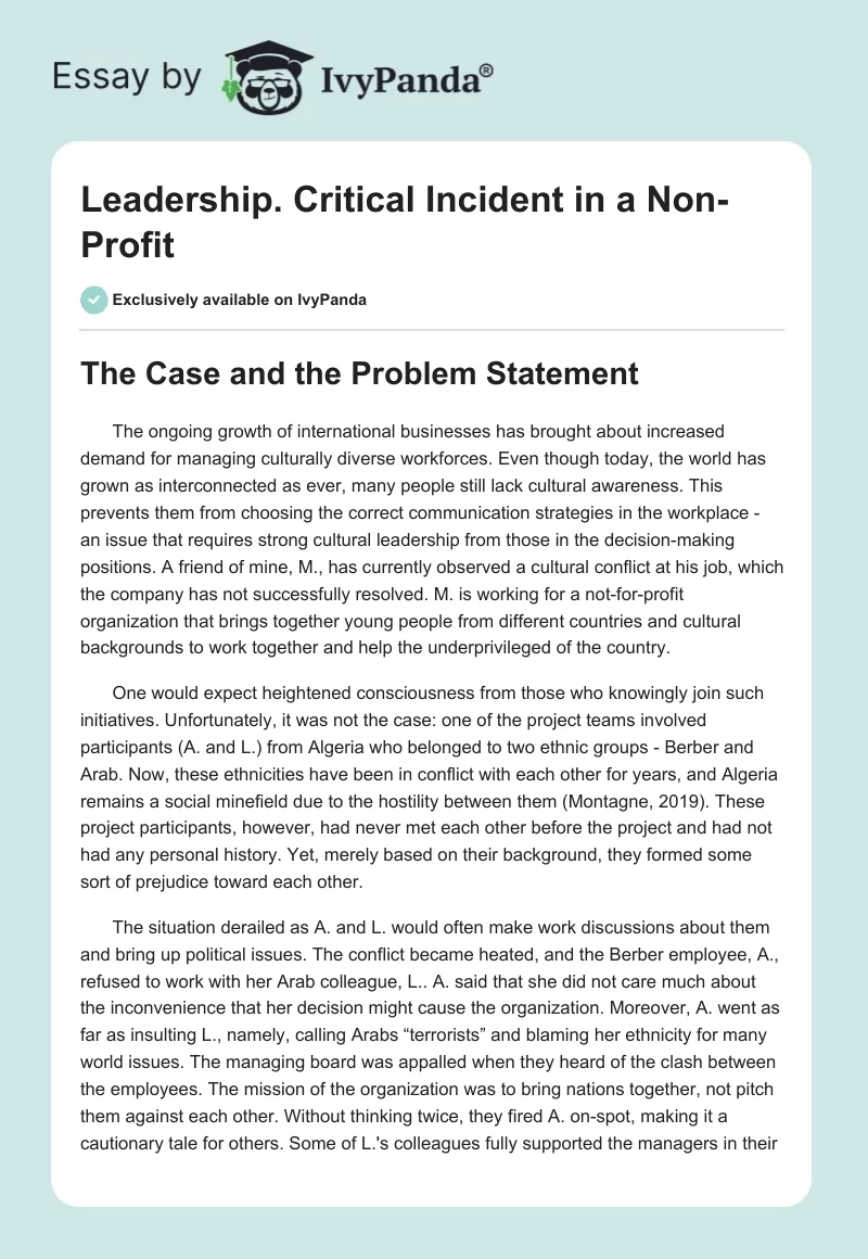 Leadership. Critical Incident in a Non-Profit. Page 1