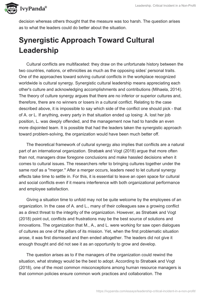 Leadership. Critical Incident in a Non-Profit. Page 2