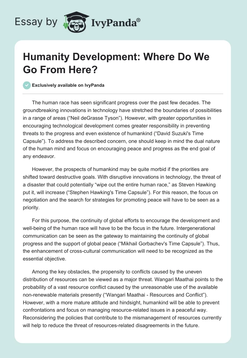 Humanity Development: Where Do We Go From Here?. Page 1