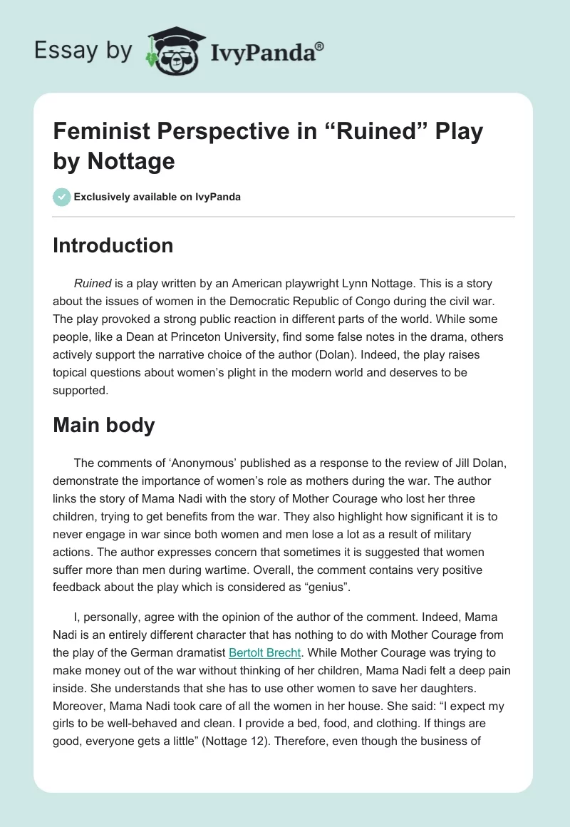Feminist Perspective in “Ruined” Play by Nottage. Page 1